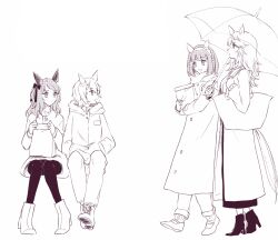 Rule 34 | 4girls, animal ears, bag, boots, casual, coat, gold city (umamusume), grey hair, hands in pockets, high heel boots, high heels, highres, holding, holding bag, holding umbrella, hood, hood down, hooded coat, horse ears, horse girl, horse tail, invisible chair, king halo (umamusume), long hair, long sleeves, looking at another, looking to the side, mimi (usausamm5), multiple girls, open mouth, pants, paper bag, scarf, seiun sky (umamusume), short hair, shoulder bag, sitting, smile, sweater, tail, turtleneck, turtleneck sweater, umamusume, umbrella, walking, yukino bijin (umamusume)