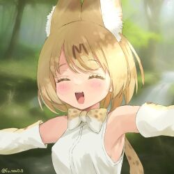 Rule 34 | 1girl, animal ears, bare shoulders, blonde hair, blush, cat ears, cat girl, cat tail, closed eyes, commentary, elbow gloves, extra ears, fuutea0w0, gloves, highres, kemono friends, open mouth, print gloves, serval (kemono friends), serval print, shirt, short hair, smile, solo, tail, white gloves, white shirt