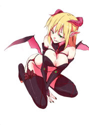 Rule 34 | 1girl, bad id, bad pixiv id, bare shoulders, bat wings, blonde hair, blush, breasts, bridal gauntlets, cleavage, cum, cum in mouth, cum on body, cum on breasts, cum on upper body, demon girl, elbow gloves, female focus, garter straps, gloves, green eyes, harness, highres, horns, kurokuro, large breasts, long hair, mizuhashi parsee, pointy ears, short hair, simple background, smile, solo, thighhighs, touhou, white background, wings