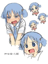 Rule 34 | &gt; &lt;, 1girl, blue eyes, blue hair, blue necktie, chibi, crying, crying with eyes open, highres, multiple views, naganohara mio, naganoharamiomio, necktie, nichijou, open mouth, red skirt, school uniform, shirt, short sleeves, short twintails, simple background, skirt, sweat, tears, tokisadame school uniform, twintails, white background, white shirt