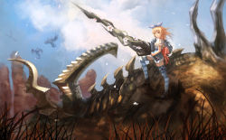 Rule 34 | 1girl, bird, blonde hair, blue skirt, bow, cloud, cloudy sky, day, dragon, flower, hair bow, highres, mag (huangmag), original, red eyes, shirt, shoes, short sleeves, skirt, sky, standing on object, striped clothes, striped thighhighs, tera online, thighhighs, weapon, white shirt