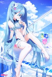 Rule 34 | 1girl, bare shoulders, barefoot, conductor baton, between legs, black skirt, blouse, blue eyes, blue hair, blue shirt, blue sky, blue theme, breasts, byulzzi, cocktail, collared shirt, crop top, detached sleeves, grand piano, hair ornament, hatsune miku, highres, holding, instrument, long hair, looking at viewer, midriff, miniskirt, piano, revealing clothes, see-through, see-through sleeves, shirt, sitting, skirt, sky, small breasts, smile, solo, thigh strap, thighs, twintails, very long hair, vocaloid