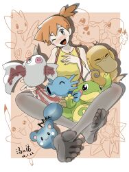 Rule 34 | 1girl, azurill, blue eyes, blush, bulbasaur, charmander, creatures (company), feet, game freak, gen 1 pokemon, gen 2 pokemon, gen 3 pokemon, goldeen, highres, horsea, looking at viewer, medium hair, misty (pokemon), nintendo, one eye closed, open mouth, orange hair, pantyhose, pikachu, pokemon, pokemon (anime), pokemon (classic anime), politoed, psyduck, soles, squirtle, starmie, suspenders, tangerhua, toes, togetic, wink