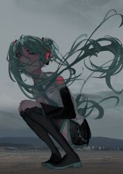 Rule 34 | 1girl, absurdres, backlighting, bags under eyes, beach, black footwear, black skirt, black sleeves, blue eyes, blue hair, blush, boots, closed mouth, collared shirt, commentary, covered mouth, day, detached sleeves, floating hair, from below, glowing tattoo, hair ornament, hair over face, hatsune miku, headset, highres, long hair, looking at viewer, looking down, looking to the side, messy hair, mountainous horizon, outdoors, overcast, photo background, shirt, shoulder tattoo, skirt, sky, skyline, sleeveless, sleeveless shirt, solo, tattoo, thigh boots, twintails, uotak, very long hair, vocaloid, white shirt