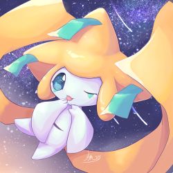 Rule 34 | comet, commentary request, creatures (company), game freak, gen 3 pokemon, hands up, highres, jirachi, komunyan, legendary pokemon, looking at viewer, mythical pokemon, night, nintendo, no humans, one eye closed, outdoors, pokemon, pokemon (creature), signature, solo, tongue, tongue out