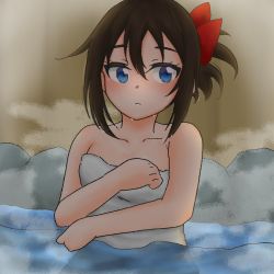 Rule 34 | 1girl, alternate hairstyle, aqua eyes, artist name, artist request, bare shoulders, blue eyes, blush, bow, breasts, brown hair, cleavage, collarbone, female focus, hair between eyes, hair bow, long hair, looking at viewer, love live!, love live! nijigasaki high school idol club, naked towel, onsen, osaka shizuku, outdoors, parted lips, red bow, small breasts, smile, solo, towel, towel around waist, upper body, white towel