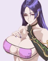 Rule 34 | 1girl, armlet, bikini, black gloves, breast hold, breasts, choker, cleavage, collarbone, commentary, eyepatch bikini, fate/grand order, fate (series), fingerless gloves, fingers to chin, gloves, hand on own chin, hashimoto (frog flag), huge breasts, long hair, looking at viewer, minamoto no raikou (fate), minamoto no raikou (fate/grand order), minamoto no raikou (swimsuit lancer) (fate), nail polish, parted bangs, purple bikini, purple eyes, purple hair, single glove, smile, solo, swimsuit, underboob, very long hair