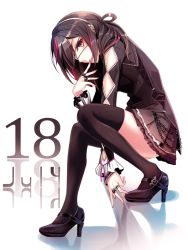 Rule 34 | 1girl, between legs, black dress, black hair, black theme, black thighhighs, brown eyes, chain, dress, eyepatch, finger to mouth, frilled skirt, frills, full body, gothic lolita, hairband, hand between legs, hand to own mouth, haruka natsuki, high heels, jewelry, july, lolita fashion, long hair, long sleeves, looking at viewer, multicolored hair, original, pleated skirt, ring, shadow, shoes, simple background, sitting, skirt, solo, squatting, streaked hair, thighhighs, white background, wristband, zettai ryouiki