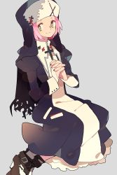 Rule 34 | 1girl, bad id, bad pixiv id, cross, dress, grey background, highres, long sleeves, looking at viewer, nail polish, original, own hands clasped, own hands together, pikaro, pink hair, short hair, simple background, smile, solo, yellow eyes