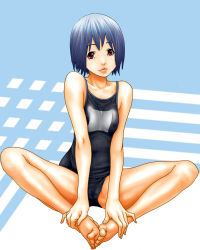 Rule 34 | 1girl, aoihitori, bare shoulders, barefoot, blue hair, breasts, butterfly sitting, cameltoe, covered erect nipples, feet, hands on feet, highres, legs, lips, one-piece swimsuit, original, red eyes, school swimsuit, short hair, sitting, small breasts, solo, swimsuit, tight clothes
