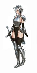 Rule 34 | 1girl, absurdres, armor, armored boots, boots, breastplate, breasts, charles (106858), closed mouth, full body, gauntlets, helmet, highres, looking at viewer, orange eyes, original, pauldrons, pelvic curtain, short hair, shoulder armor, sideboob, silver hair, simple background, smile, solo, sword, thighs, weapon, white background