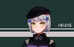 Rule 34 | 1girl, alternate hair length, alternate hairstyle, beret, blue hair, blush, character name, commentary request, dbeod128, girls&#039; frontline, green eyes, hat, highres, hk416 (girls&#039; frontline), korean commentary, short hair, solo