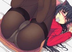 Rule 34 | 1girl, animal ears, ass, bad id, bad pixiv id, bed sheet, black hair, black pantyhose, blue eyes, blush, breasts, cat ears, condom, condom in mouth, condom wrapper, crotch, dutch angle, glasses, hair between eyes, twirling hair, heart, heart-shaped pupils, indoors, kisaragi yakumo, legs up, light smile, long hair, long sleeves, looking at viewer, lying, medium breasts, mole, mole under mouth, mouth hold, nose blush, on back, on bed, orange skirt, original, panties, panties under pantyhose, pantyhose, pillow, red-framed eyewear, ribbed sweater, semi-rimless eyewear, skirt, smile, solo, sweater, symbol-shaped pupils, thigh gap, thighband pantyhose, turtleneck, under-rim eyewear, underwear, very long hair