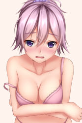 Rule 34 | 1girl, ahoge, aoba (kancolle), bad id, bad pixiv id, blush, bra, breasts, cleavage, collarbone, crossed arms, embarrassed, hair between eyes, hair ornament, hair scrunchie, kantai collection, looking at viewer, medium breasts, off shoulder, open mouth, panties, pink bra, pink hair, pink panties, ponytail, purple eyes, purple scrunchie, scrunchie, short hair, simple background, solo, tapisuke, underwear, underwear only, upper body, white background