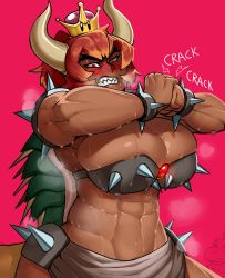 Rule 34 | 1girl, abs, absurdres, adapted costume, armlet, bad id, bad twitter id, bikini, bikini top only, blush, borrowed design, bowser jr., bowsette, bracelet, breasts, cleavage, clenched hand, clenched teeth, collar, cracking knuckles, crown, dark-skinned female, dark skin, eyebrows, hands up, highres, hip focus, horns, huge breasts, jewelry, krekkov, mario (series), muscular, muscular female, new super mario bros. u deluxe, nintendo, nose blush, pink background, red eyes, red hair, sharp teeth, simple background, skindentation, skirt, solokov (okb-999), sound effects, spiked armlet, spiked bracelet, spiked collar, spiked shell, spikes, stomach, super crown, sweat, swimsuit, tail, teeth, upper body, v-shaped eyebrows, wide hips
