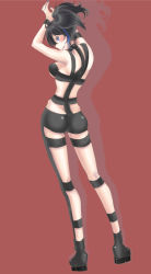 Rule 34 | 1girl, arms up, ass, back, black hair, blue eyes, blush, boots, breasts, dimples of venus, from behind, full body, looking at viewer, looking back, red eyes, simple background, smile, solo, standing, twintails, utau, yokune ruko