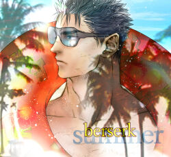 1boy berserk black_hair closed_mouth commentary_request copyright_name glasses guts_(berserk) innertube kame_(jeycobsry) looking_to_the_side male_focus palm_tree scar scar_on_face scar_on_nose short_hair solo spiked_hair swim_ring topless_male tree upper_body