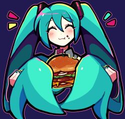 Rule 34 | 1girl, :3, aqua hair, blue nails, burger, cheese, chewing, closed eyes, collared shirt, commentary, commission, crumbs, eating, english commentary, flag, food, hair between eyes, hair ornament, hatsune miku, highres, ketchup, lettuce, long hair, onion, parted bangs, purple background, shirt, simple background, solo, twintails, very long hair, vocaloid, yumeyuk0