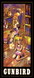 Rule 34 | alternate hair length, alternate hairstyle, barefoot, blonde hair, book, broom, candle, cauldron, copyright name, crate, fire, gunbird, highres, magic, magic circle, mandragora, marion, multiple candles, natsumoto masato, official art, on floor, open mouth, pentacle, psikyo, scroll, shelf, short hair, skirt, smoke, traditional media, twintails, witch