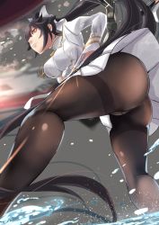 Rule 34 | 1girl, ass, azur lane, black hair, black pantyhose, breasts, clothes lift, cloud, cloudy sky, day, endou (zettai bluenoid), focused, from below, gloves, hair flaps, hair over one eye, hair ribbon, highres, holding, holding sword, holding weapon, horizon, jacket, kneepits, long hair, long sleeves, looking afar, medium breasts, military, military uniform, miniskirt, ocean, outdoors, panties, pantyhose, pantyshot, perspective, pink lips, pleated skirt, ponytail, red eyes, ribbon, serious, sheath, sheathed, sidelocks, skirt, skirt lift, sky, solo, splashing, stance, standing, sunlight, sunset, sword, takao (azur lane), thighband pantyhose, thighs, underwear, uniform, water, weapon, white gloves, white jacket, white skirt