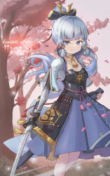 Rule 34 | 1girl, absurdres, arm guards, armor, ayaka (genshin impact), blunt bangs, bow, breastplate, character name, cherry blossoms, choker, collarbone, commentary request, dual wielding, falling petals, genshin impact, grey eyes, grey hair, hair bow, hair ornament, hair tubes, highres, holding, holding sword, holding weapon, japanese armor, japanese clothes, katana, long hair, looking at viewer, petals, ponytail, short sleeves, sidelocks, smile, solo, sword, tree, weapon, wind, xiao xiao tian
