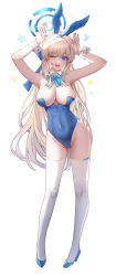 Rule 34 | 1girl, absurdres, animal ears, aqua bow, aqua bowtie, armpits, arms up, blonde hair, blue archive, blue bow, blue eyes, blue footwear, blue leotard, bow, bowtie, breasts, cameltoe, cleavage, covered navel, detached collar, fake animal ears, full body, groin, hair bow, halo, headset, high heels, highleg, highleg leotard, highres, large breasts, leotard, long hair, looking at viewer, looking back, multicolored hair, oeun, official alternate costume, one eye closed, open mouth, playboy bunny, rabbit ears, rabbit pose, simple background, solo, standing, star (symbol), straight-on, strapless, strapless leotard, streaked hair, teeth, thighhighs, toki (blue archive), toki (bunny) (blue archive), upper teeth only, very long hair, white background, white sleeves, white thighhighs, white wrist cuffs, wrist cuffs
