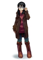 Rule 34 | 1girl, absurdres, adjusting eyewear, black hair, blue-framed eyewear, blue eyes, boots, casual, coat, denim, fashion, fujie yamato, full body, glasses, grin, highres, jeans, jewelry, long hair, necklace, original, pants, simple background, smile, solo, sweater, white background