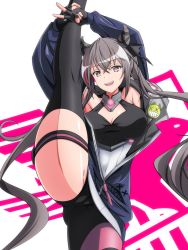 Rule 34 | 1girl, :d, armpits, azur lane, badge, black gloves, black nails, black thighhighs, blue jacket, breasts, button badge, cleavage, commentary request, covered navel, cowboy shot, double bun, eagle union (emblem), fang, fingerless gloves, flexible, floating hair, gloves, grey hair, groin, hair between eyes, hair bun, hair horns, highres, holding leg, jacket, leg lift, long hair, long sleeves, looking at viewer, makiri akira, multicolored hair, nail polish, open mouth, partial commentary, partially unzipped, purple eyes, purple hair, san francisco (azur lane), sidelocks, single leg pantyhose, single thighhigh, smile, solo, split, standing, standing on one leg, standing split, streaked hair, teeth, thigh strap, thighhighs, twintails, upper teeth only, v, very long hair, white background