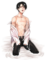 Rule 34 | 1boy, bad id, bad pixiv id, black hair, cream, dress shirt, kneeling, levi (shingeki no kyojin), licking lips, male focus, masa ashe, navel, nipples, off shoulder, open clothes, open fly, open mouth, open shirt, sexually suggestive, shingeki no kyojin, shirt, short hair, sitting, solo, suggestive fluid, tongue, tongue out, unzipped, white background