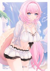 Rule 34 | 1girl, absurdres, beach, bikini, bikini skirt, blackheart`, blue eyes, blue sky, breasts, chinese commentary, cleavage, cloud, cloudy sky, commentary, commentary request, cowboy shot, day, elf, elysia (honkai impact), elysia (miss pink elf) (honkai impact), frilled bikini, frills, highres, honkai (series), honkai impact 3rd, innertube, large breasts, long hair, looking at viewer, navel, ocean, official alternate costume, outdoors, pink hair, pink pupils, pointy ears, ponytail, sand, sky, smile, solo, swim ring, swimsuit, white bikini