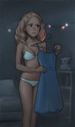 Rule 34 | 1girl, absurdres, bad hands, bed, bedroom, blue dress, bra, breasts, brown eyes, cleavage, clothes hanger, dress, highres, holding, i0525, legs together, light brown hair, long hair, looking to the side, medium breasts, panties, solo, standing, stuffed animal, stuffed toy, teddy bear, underwear, underwear only, white bra, white panties