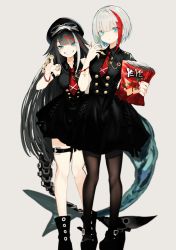 Rule 34 | 2girls, admiral graf spee (azur lane), admiral graf spee (girl&#039;s sunday) (azur lane), azur lane, black dress, black hair, blue eyes, bob cut, boots, bugles, bugles (food), bugles on fingers, commentary, deutschland (azur lane), dress, fins, fish tail, food on hand, grey background, highres, long hair, looking at viewer, multicolored hair, multiple girls, narue, necktie, pantyhose, shark tail, sharp teeth, short hair, simple background, smile, snack, streaked hair, tail, teeth, thigh strap, very long hair, white hair