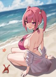 Rule 34 | 1girl, ahoge, back, backboob, bare shoulders, beach, bikini, black choker, black hair, black ribbon, blue sky, blue wristband, blurry, blurry background, blush, breasts, choker, cloud, cloudy sky, commentary, crab, day, fang, goddess of victory: nikke, hair between eyes, hair intakes, hair ornament, hair ribbon, hairclip, halterneck, highres, jacket, jacket partially removed, large breasts, legs, mast (a pirate&#039;s heart) (nikke), mast (nikke), multicolored hair, ocean, open mouth, outdoors, pink bikini, purple eyes, raised eyebrows, red hair, red wristband, ribbon, sand, seiza, sitting, skin fang, skull hair ornament, skull print, sky, smile, starfish, streaked hair, swimsuit, thighs, twintails, two-tone hair, white jacket, wristband, xi oshir1