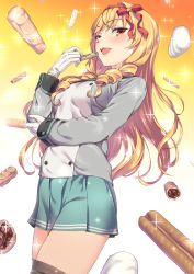 Rule 34 | 1girl, aida takanobu, blonde hair, breasts, drill hair, female focus, food, gloves, gradient background, hair ribbon, kujouin seira, long hair, open mouth, pastry, ribbon, small breasts, solo, sparkle, sweets, thighhighs, trinity tempo, twin drills, zettai ryouiki