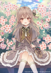 Rule 34 | 1girl, :d, ahoge, bad id, bad pixiv id, bag, blue sky, blurry, blurry background, blush, bow, brown capelet, brown dress, brown eyes, brown hair, capelet, cloud, cloudy sky, commentary request, day, depth of field, dress, flower, frilled dress, frills, green bow, hair bow, kneehighs, laurelfalcon, long hair, long sleeves, official art, one side up, open mouth, outdoors, pink flower, shoulder bag, sid story, sitting, sky, smile, socks, solo, striped, striped bow, watermark, white socks