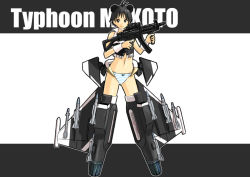 Rule 34 | 00s, 1girl, ace combat, animal ears, bare shoulders, black hair, bow, bow panties, choker, cool &amp; sexy (idolmaster), eurofighter typhoon, ganzyu i, gun, idolmaster, idolmaster (classic), idolmaster 1, kikuchi makoto, mecha musume, midriff, missile, navel, panties, scope, short hair, simple background, smile, solo, striped clothes, striped panties, submachine gun, trigger discipline, underwear, vertical forward grip, weapon, wrist cuffs