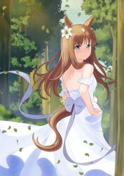Rule 34 | 1girl, absurdres, animal ears, bare shoulders, blue eyes, blush, brown hair, closed mouth, clothing cutout, commentary request, dress, ear ornament, from behind, grass wonder (umamusume), highres, horse ears, horse girl, horse tail, long hair, looking at viewer, looking back, luft9999, multicolored hair, outdoors, smile, solo, strapless, strapless dress, streaked hair, tail, tail through clothes, tree, umamusume, very long hair, white dress, white hair