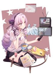Rule 34 | 1girl, calendar (object), chen yang yang, chips (food), controller, crt, cup ramen, drill hair, food, fork, full body, glass table, hair ribbon, hairband, highres, holding, holding fork, holding remote control, hyakumantenbara salome, long hair, nijisanji, no shoes, potato chips, purple eyes, purple hair, remote control, ribbon, seiza, shirt, short shorts, short sleeves, shorts, sitting, solo, star (symbol), table, television, thighhighs, translation request, trash bag, very long hair, virtual youtuber, white shirt
