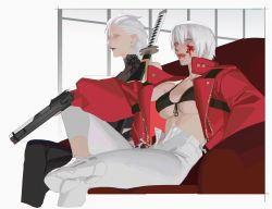 Rule 34 | 2girls, bikini, bikini top only, black bikini, blood, blood on face, blue eyes, dante (devil may cry), devil may cry (series), front-tie bikini top, front-tie top, gender request, genderswap, gun, handgun, highres, jacket, licking lips, looking at viewer, multiple girls, open clothes, open jacket, pale skin, pistol, red jacket, short hair, siblings, simple background, sitting, swimsuit, sword, tongue, tongue out, vergil (devil may cry), weapon, white hair, yaoyao794