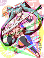 Rule 34 | 1girl, detached sleeves, garter straps, hatsune miku, headset, instrument, keytar, long hair, open mouth, skirt, solo, spring onion, thighhighs, twintails, urako, very long hair, vocaloid