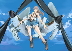 Rule 34 | 1girl, aircraft, airplane, bare shoulders, blue eyes, boots, branch, breasts, brown hair, cloud, day, de havilland mosquito, hair ornament, leaf, long hair, mecha musume, military, nano (nanosize), open fly, original, personification, propeller, sky, small breasts, solo, unzipped, world war ii