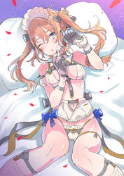 Rule 34 | 1girl, armlet, bare shoulders, bikini, blush, bow, breasts, fingerless gloves, gloves, hair bow, large breasts, long hair, looking at viewer, lying, mole, navel, on back, one eye closed, open mouth, orange hair, original, petals, pillow, ribbon, socks, solo, swimsuit, tajima ryuushi, tears, twintails