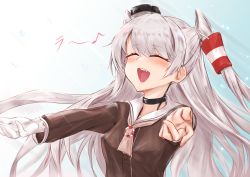 Rule 34 | 1girl, absurdres, amatsukaze (kancolle), bad id, bad pixiv id, brown dress, brown neckerchief, closed eyes, commentary request, dress, gaijuu, gloves, hair tubes, highres, kantai collection, lifebuoy ornament, long hair, music, neckerchief, open mouth, outstretched arms, sailor dress, short dress, silver hair, singing, single glove, smile, smokestack hair ornament, solo, two side up, upper body, white gloves