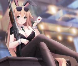 Rule 34 | 1girl, ace (playing card), ace of hearts, ahoge, animal ears, automatic rifle, bare shoulders, blonde hair, blurry, bokeh, breasts, brown pantyhose, card, cleavage, crossed legs, depth of field, detached collar, eyewear on head, fake animal ears, fishnets, girls&#039; frontline, gun, heart, highres, holding, holding gun, holding weapon, keenh, large breasts, leotard, light machine gun, long hair, looking at viewer, m1918 (bunny girl) (girls&#039; frontline), m1918 (girls&#039; frontline), m1918 bar, machine gun, necktie, official alternate costume, open mouth, pantyhose, playboy bunny, playing card, rabbit ears, short necktie, sitting, solo, squad automatic weapon, strapless, strapless leotard, sunglasses, sunglasses on head, very long hair, weapon, wrist cuffs, yellow eyes