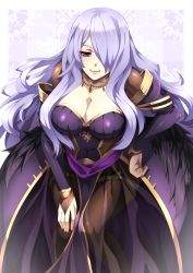 Rule 34 | 1girl, absurdres, alternate costume, balasdan, breasts, camilla (fire emblem), cosplay, dress, fire emblem, fire emblem fates, fire emblem heroes, hand on lap, hand on own hip, highres, jewelry, large breasts, looking at viewer, necklace, nintendo, pantyhose, purple eyes, purple hair, simple background, smile, solo, tharja (bridal) (fire emblem), tharja (fire emblem), wedding dress