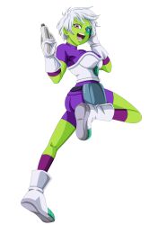 Rule 34 | 1girl, absurdres, armor, artist request, ass, belt, bodysuit, bodysuit under armor, breastplate, breasts, cheelai, colored skin, dragon ball, dragon ball super, full body, gloves, green skin, gun, highres, holding, holding gun, holding weapon, jumping, large breasts, looking at viewer, looking back, medium breasts, open mouth, pink eyes, purple bodysuit, scouter, short hair, smile, solo, weapon, white footwear, white gloves, white hair
