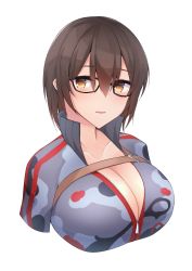 Rule 34 | 1girl, absurdres, breasts, brown eyes, brown hair, camouflage, camouflage jacket, cleavage, facing viewer, glasses, highres, hololive, jacket, large breasts, misui md, open mouth, roboco-san, roboco-san (1st costume), short hair, solo, unzipped, virtual youtuber, white background, zipper