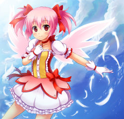 Rule 34 | 10s, 1girl, gloves, kaname madoka, mahou shoujo madoka magica, mahou shoujo madoka magica (anime), mushuu, pink hair, red eyes, short hair, short twintails, solo, twintails, wings