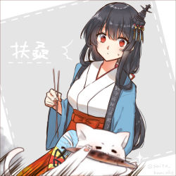 Rule 34 | 1girl, bad id, bad pixiv id, black hair, blurry, breasts, cat, character name, chopsticks, depth of field, fish, fusou (kancolle), hair ornament, hand fan, highres, japanese clothes, kantai collection, long hair, medium breasts, motion lines, paper fan, red eyes, saitu miki, saury, translation request, twitter username, uchiwa, wide sleeves