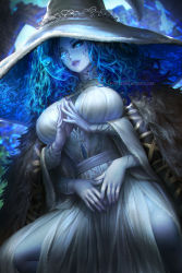 Rule 34 | 1girl, alternate breast size, blue eyes, blue hair, blue skin, cape, cloak, colored skin, cracked skin, curly hair, doll joints, dress, elden ring, extra arms, extra faces, fur cape, fur cloak, glowing, glowing eyes, glowing tattoo, hat, highres, joints, large hat, looking at viewer, neoartcore, parted lips, ranni the witch, robe, sitting, smile, solo, witch hat